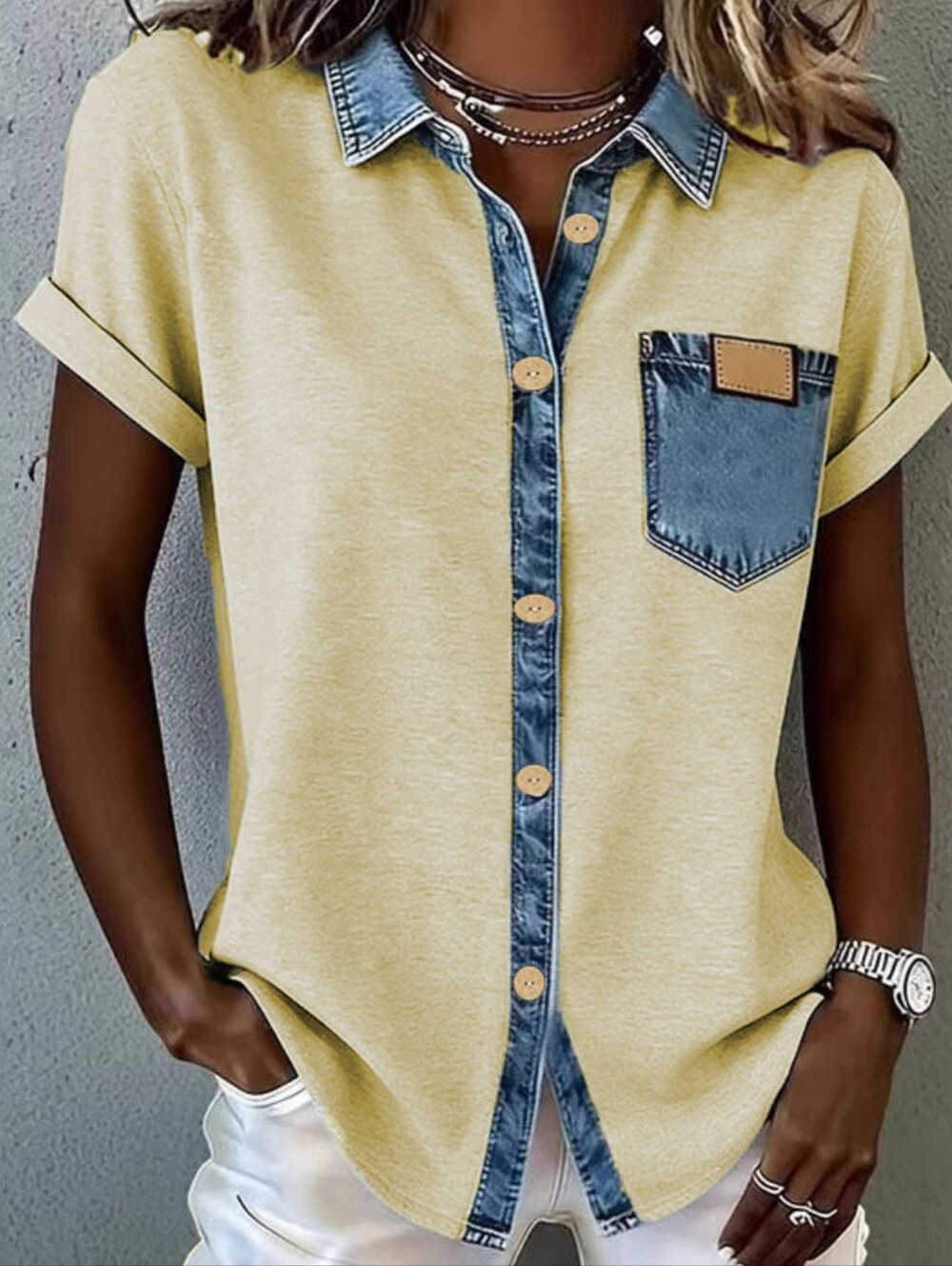 Hudson Short Sleeve Denim Trim Top - Yellow